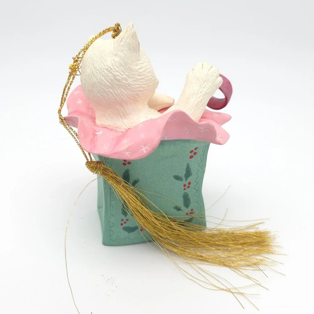Lenox Holiday Mischief Cat Ornament 1998 White Kitten Teal Pink Vintage‎ Whimsy